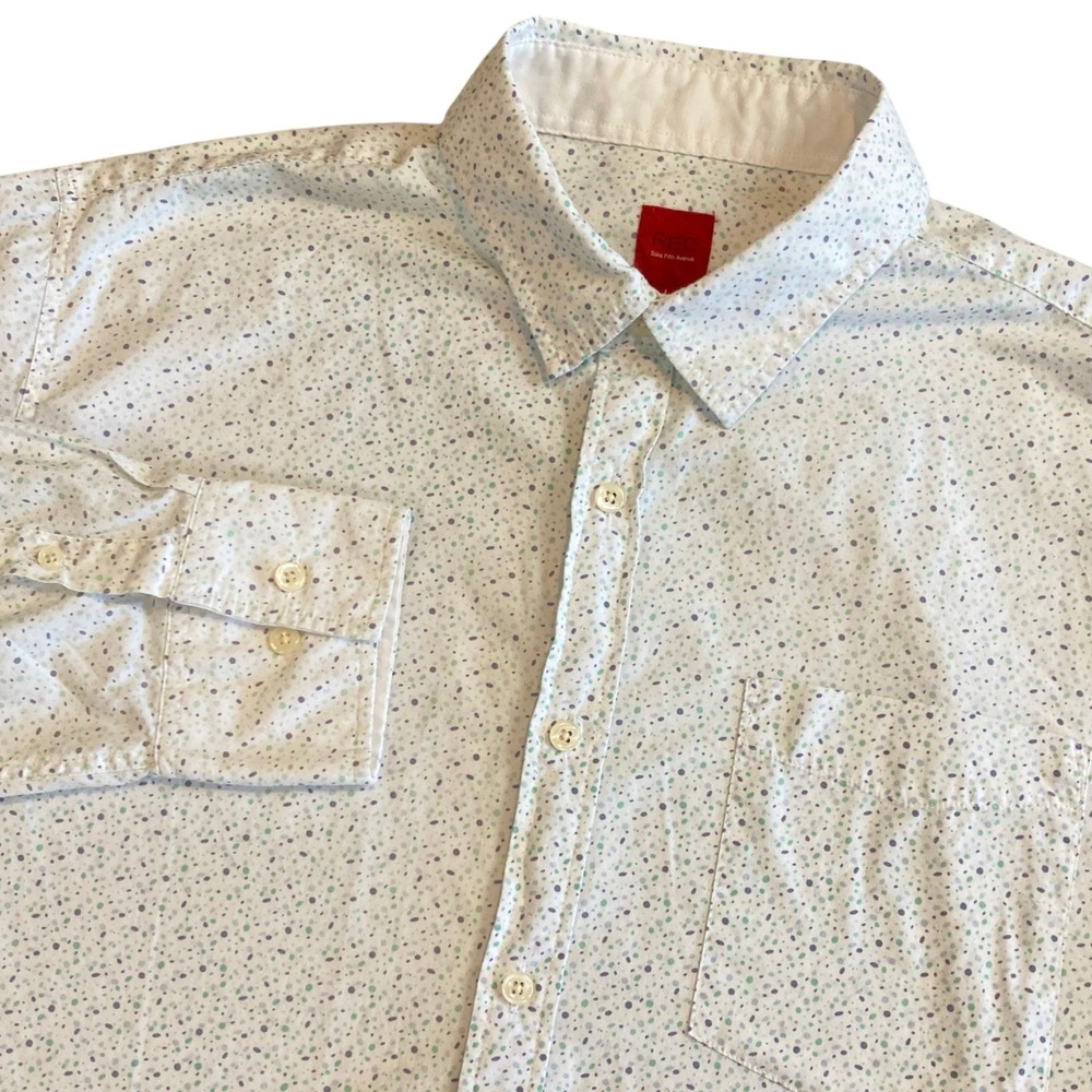 RED Saks Fifth Avenue Mens Large White Green Purple Dot Cotton Button Down Shirt